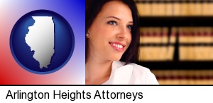 Arlington Heights, Illinois - a young, female attorney in a law library