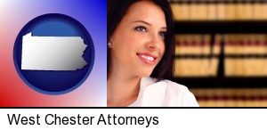 West Chester, Pennsylvania - a young, female attorney in a law library
