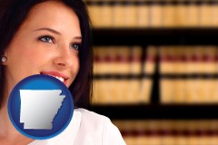 a young, female attorney in a law library - with AR icon
