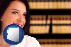 arizona map icon and a young, female attorney in a law library