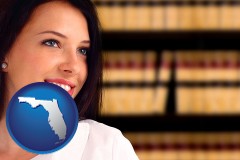 florida map icon and a young, female attorney in a law library