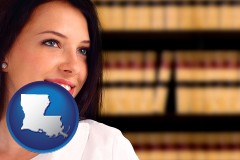 louisiana map icon and a young, female attorney in a law library