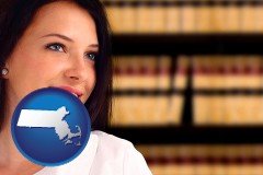 massachusetts map icon and a young, female attorney in a law library