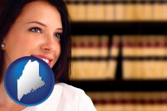 maine map icon and a young, female attorney in a law library