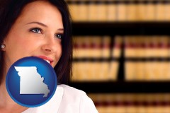 missouri map icon and a young, female attorney in a law library