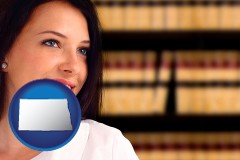 north-dakota map icon and a young, female attorney in a law library