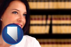 nevada map icon and a young, female attorney in a law library