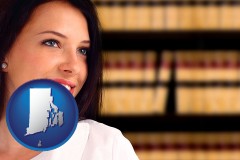 rhode-island map icon and a young, female attorney in a law library
