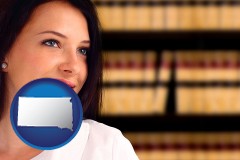 south-dakota map icon and a young, female attorney in a law library