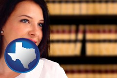 texas map icon and a young, female attorney in a law library