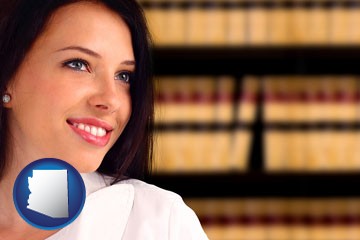 a young, female attorney in a law library - with Arizona icon