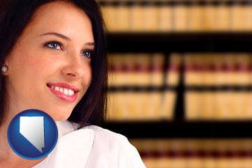 a young, female attorney in a law library - with Nevada icon