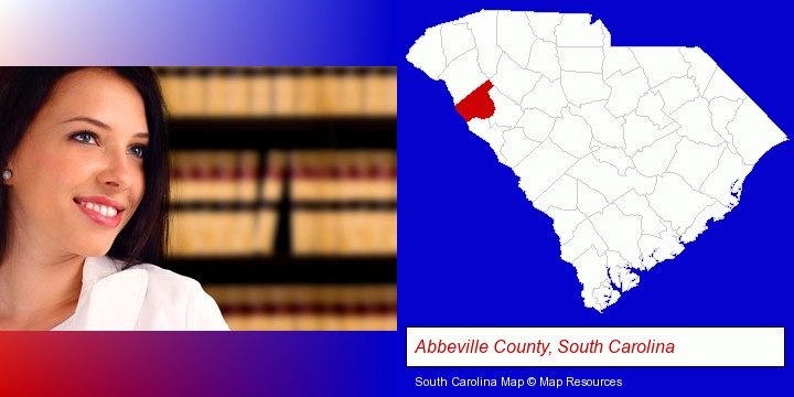 a young, female attorney in a law library; Abbeville County, South Carolina highlighted in red on a map