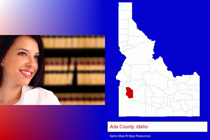 a young, female attorney in a law library; Ada County, Idaho highlighted in red on a map