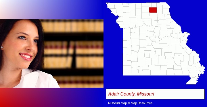 a young, female attorney in a law library; Adair County, Missouri highlighted in red on a map