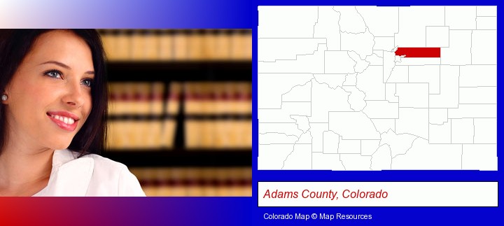 a young, female attorney in a law library; Adams County, Colorado highlighted in red on a map