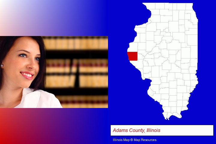 a young, female attorney in a law library; Adams County, Illinois highlighted in red on a map