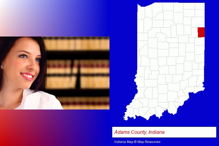 a young, female attorney in a law library; Adams County, Indiana highlighted in red on a map