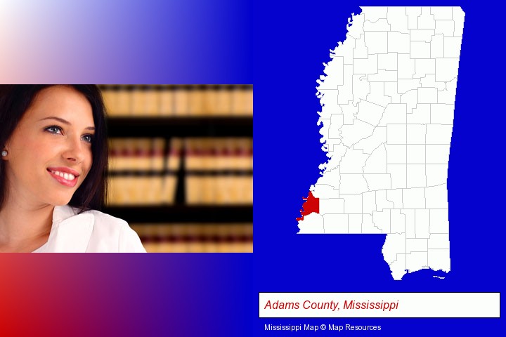 a young, female attorney in a law library; Adams County, Mississippi highlighted in red on a map