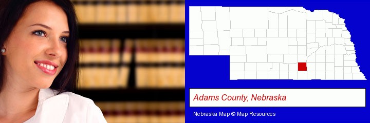 a young, female attorney in a law library; Adams County, Nebraska highlighted in red on a map