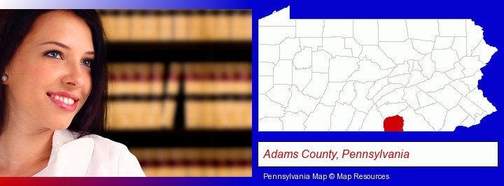 a young, female attorney in a law library; Adams County, Pennsylvania highlighted in red on a map