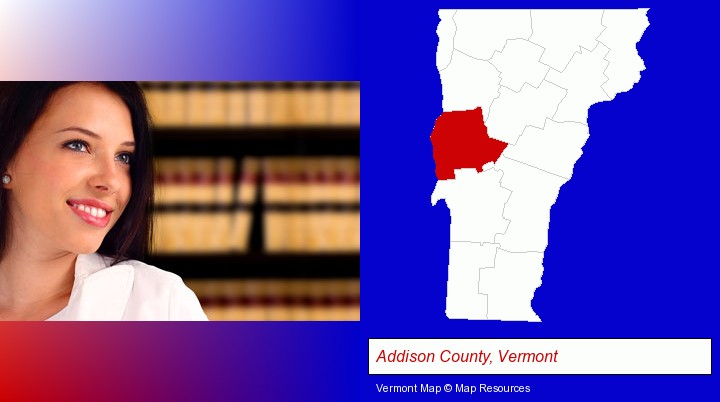 a young, female attorney in a law library; Addison County, Vermont highlighted in red on a map