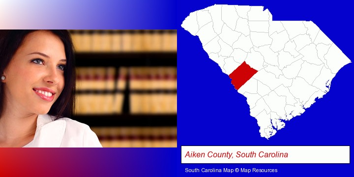 a young, female attorney in a law library; Aiken County, South Carolina highlighted in red on a map