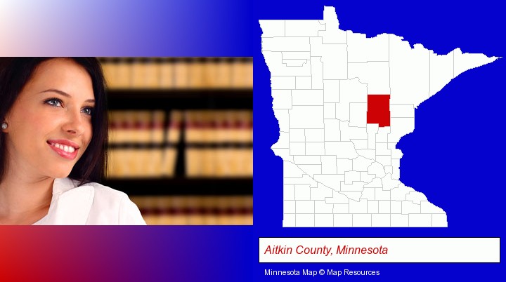 a young, female attorney in a law library; Aitkin County, Minnesota highlighted in red on a map