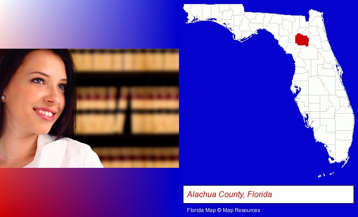 a young, female attorney in a law library; Alachua County, Florida highlighted in red on a map