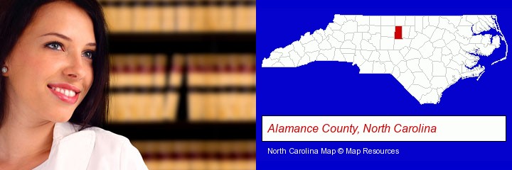 a young, female attorney in a law library; Alamance County, North Carolina highlighted in red on a map