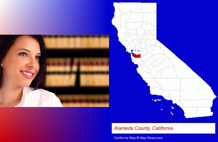 a young, female attorney in a law library; Alameda County, California highlighted in red on a map