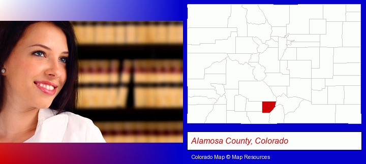a young, female attorney in a law library; Alamosa County, Colorado highlighted in red on a map