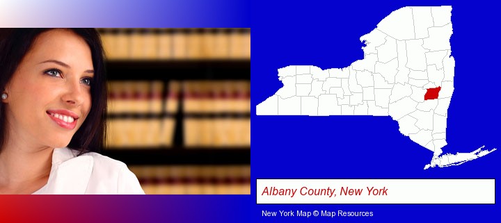 a young, female attorney in a law library; Albany County, New York highlighted in red on a map