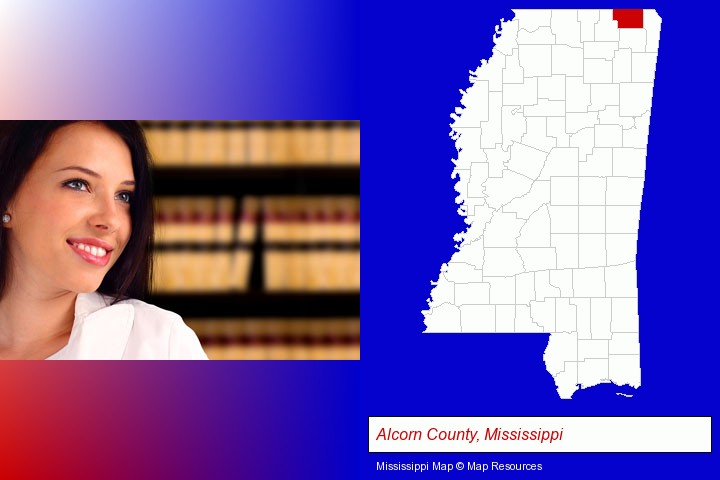 a young, female attorney in a law library; Alcorn County, Mississippi highlighted in red on a map