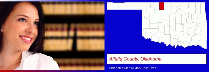 a young, female attorney in a law library; Alfalfa County, Oklahoma highlighted in red on a map