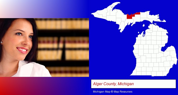 a young, female attorney in a law library; Alger County, Michigan highlighted in red on a map