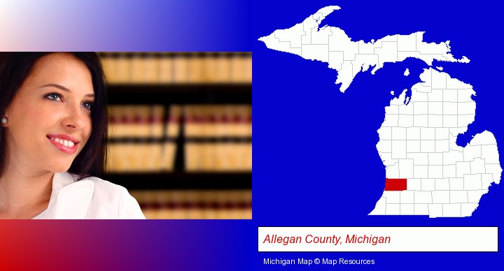 a young, female attorney in a law library; Allegan County, Michigan highlighted in red on a map