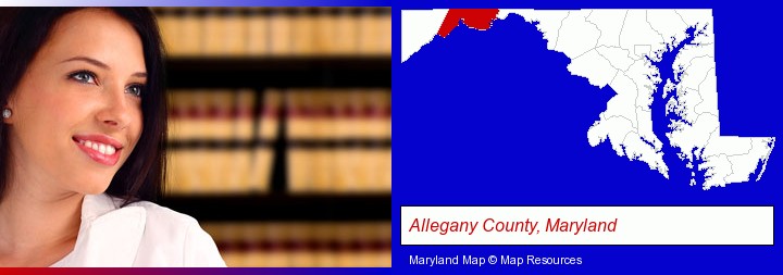 a young, female attorney in a law library; Allegany County, Maryland highlighted in red on a map