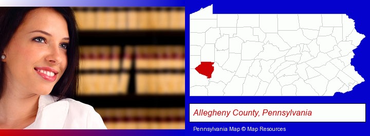 a young, female attorney in a law library; Allegheny County, Pennsylvania highlighted in red on a map