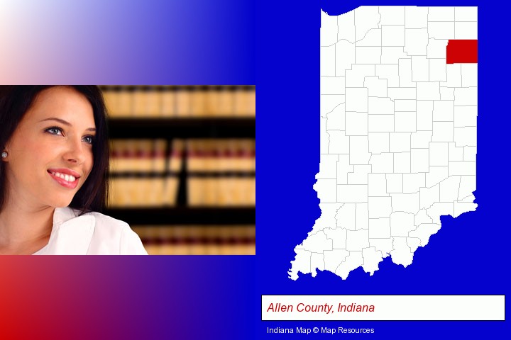 a young, female attorney in a law library; Allen County, Indiana highlighted in red on a map