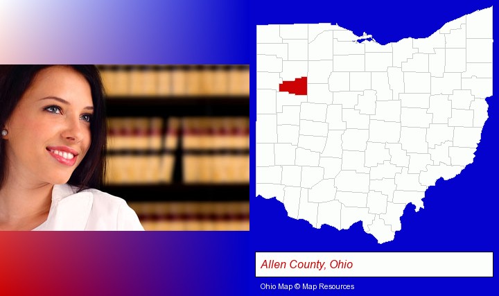 a young, female attorney in a law library; Allen County, Ohio highlighted in red on a map