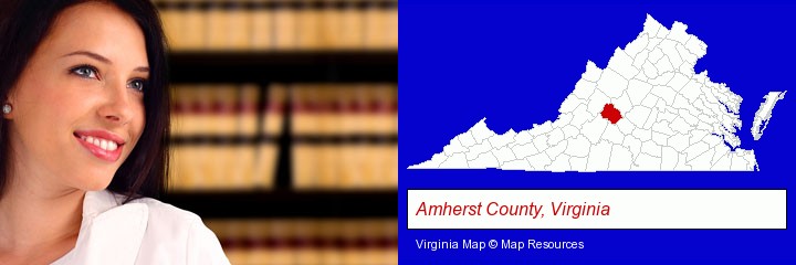 a young, female attorney in a law library; Amherst County, Virginia highlighted in red on a map