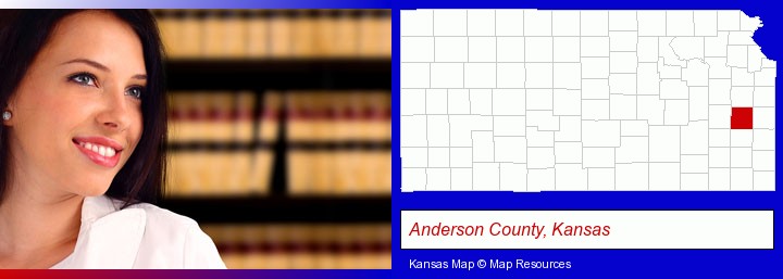 a young, female attorney in a law library; Anderson County, Kansas highlighted in red on a map