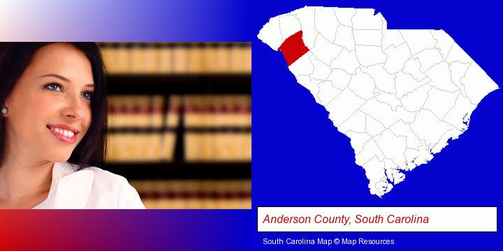 a young, female attorney in a law library; Anderson County, South Carolina highlighted in red on a map