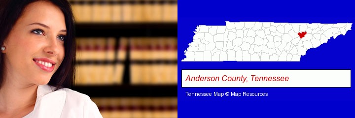 a young, female attorney in a law library; Anderson County, Tennessee highlighted in red on a map