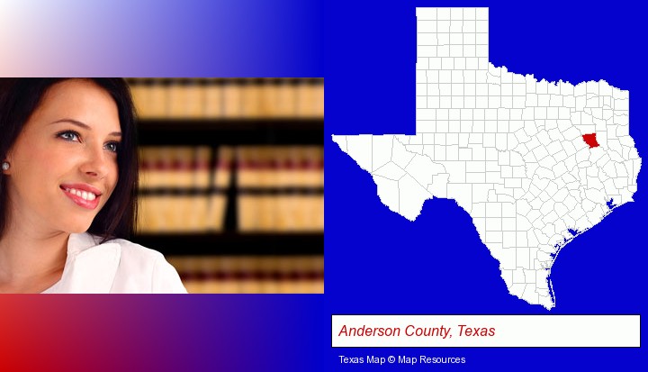 a young, female attorney in a law library; Anderson County, Texas highlighted in red on a map