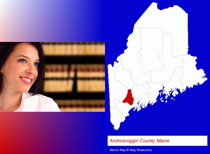 a young, female attorney in a law library; Androscoggin County, Maine highlighted in red on a map