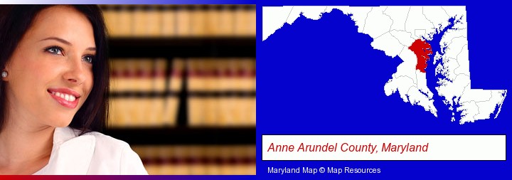 a young, female attorney in a law library; Anne Arundel County, Maryland highlighted in red on a map