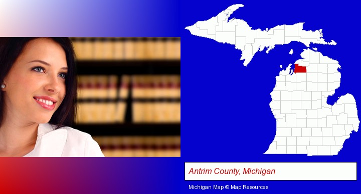 a young, female attorney in a law library; Antrim County, Michigan highlighted in red on a map