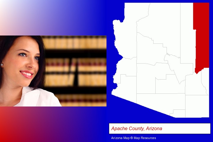 a young, female attorney in a law library; Apache County, Arizona highlighted in red on a map